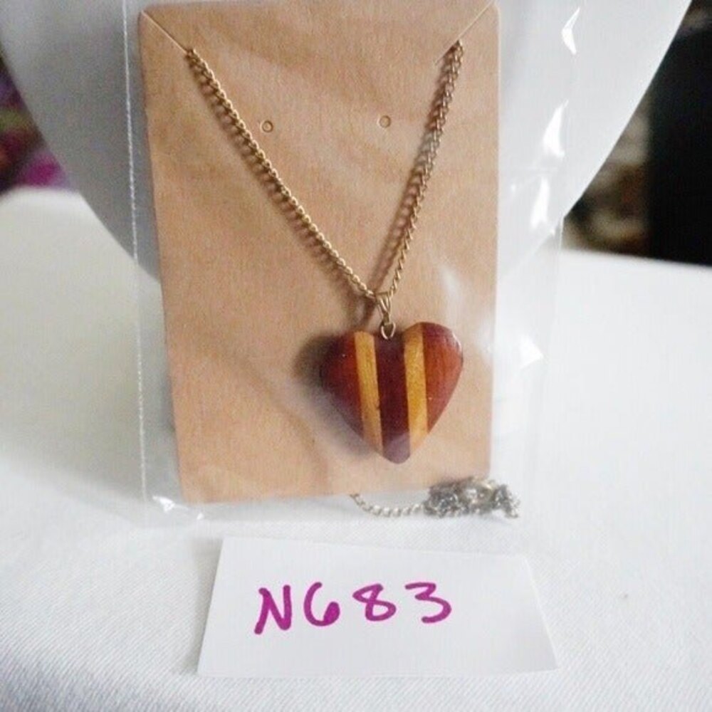 Brown Striped Wooden Heart Pendant Necklace - Picture 5 of 6